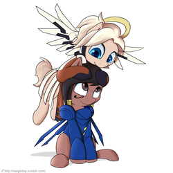 Size: 1280x1280 | Tagged: safe, artist:neighday, crossover, cute, mercy, overwatch, pharah, pharmercy, ponified, smiling