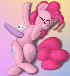 Size: 1740x1900 | Tagged: safe, artist:january3rd, pinkie pie, twilight sparkle, earth pony, pony, g4, belly button, bellyrubs, blushing, boop, both cutie marks, disembodied hoof, eyes closed, female, gradient background, lesbian, mare, ship:twinkie, shipping, tickling