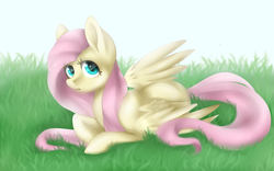 Size: 4800x3000 | Tagged: safe, artist:scarlet-spectrum, fluttershy, g4, cute, female, grass, high res, open mouth, prone, shyabetes, solo