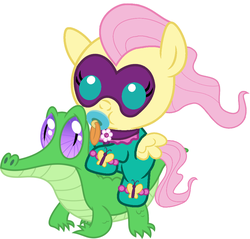 Size: 1011x967 | Tagged: safe, artist:red4567, fluttershy, gummy, saddle rager, pony, g4, power ponies (episode), baby, baby pony, babyshy, cute, pacifier, ponies riding gators, power ponies, riding, shyabetes, weapons-grade cute