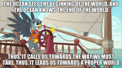 Size: 888x499 | Tagged: safe, edit, edited screencap, screencap, gabby, griffon, g4, the fault in our cutie marks, caption, gabby's shanty, image macro, lifejacket, meme, ocean guide, one piece, one piece film: z, sails