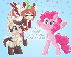 Size: 6300x5000 | Tagged: safe, artist:indiefoxtail, pinkie pie, oc, pegasus, pony, g4, absurd resolution, bipedal, cute, diapinkes, happy birthday, hat, ocbetes, party hat