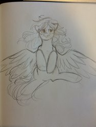 Size: 774x1032 | Tagged: source needed, safe, artist:liefsong, oc, oc only, oc:lief, pegasus, pony, blushing, cute, female, mare, messy mane, on bed, solo, traditional art