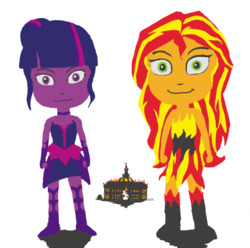 Size: 646x641 | Tagged: safe, artist:trixsun, sci-twi, sunset shimmer, twilight sparkle, demon, equestria girls, g4, my little pony equestria girls: friendship games, alternate clothes, burning, canterlot high, earth is doomed, midnight sparkle, midnightsatan, sunset satan, xk-class end-of-the-world scenario