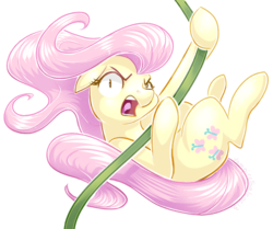 Size: 900x753 | Tagged: safe, artist:vampireselene13, fluttershy, pony, g4, angry, female, simple background, solo, swinging, vine