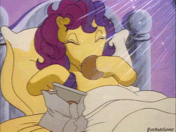 Size: 500x374 | Tagged: safe, bon bon (g1), my little pony tales, animated, bed, cookie, eating, food, gif, morning ponies, nom, waking