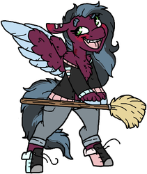 Size: 435x515 | Tagged: safe, artist:sexygoatgod, oc, oc only, oc:razzmatazz gleam, hybrid, pegabat, pegasus, pony, bipedal, broom, chest fluff, colored wings, fangs, hickey, simple background, solo, two toned wings, varsity jacket, white background, wings