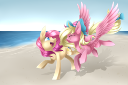 Size: 4200x2797 | Tagged: safe, artist:scarlet-spectrum, oc, oc only, oc:bay breeze, oc:bloom flower, earth pony, pegasus, pony, beach, commission, duo, hair bow