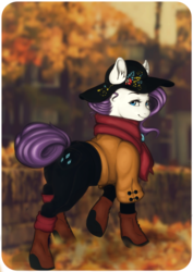 Size: 709x999 | Tagged: safe, artist:kira-minami, rarity, g4, boots, butt, clothes, cute, female, hat, looking back, pants, plot, raribetes, rear view, scarf, smiling, solo, tail bun