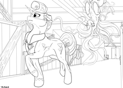 Size: 1350x964 | Tagged: safe, artist:backlash91, mane-iac, radiance, g4, clothes, lineart, monochrome, power ponies, superhero, supervillain, warehouse