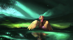 Size: 4300x2350 | Tagged: safe, artist:auroriia, fluttershy, pony, g4, crepuscular rays, female, lake, looking up, rear view, reflection, scenery, solo, spread wings