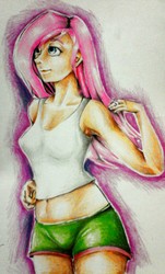 Size: 1542x2560 | Tagged: safe, artist:nolyanimeid, fluttershy, equestria girls, g4, armpits, belly button, breasts, clothes, female, midriff, shorts, solo, sports shorts, tank top, traditional art