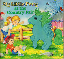 Size: 523x480 | Tagged: safe, photographer:breyer600, medley, human, pegasus, pony, g1, book, book cover, child, cover, female, fence, ferris wheel, irl, male, mare, merchandise, my little pony at the country fair, photo, pointing, tent