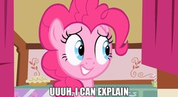 Size: 887x483 | Tagged: safe, edit, edited screencap, screencap, pinkie pie, earth pony, pony, g4, caption, i can explain, image macro, meme, reaction image, spongebob squarepants, sweat