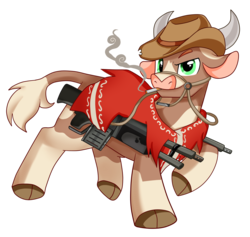 Size: 1895x1800 | Tagged: safe, artist:pridark, oc, oc only, oc:rosco, bull, battle saddle, cigarette, clothes, commission, cowboy hat, gun, harness, hat, male, not arizona, poncho, simple background, smoking, solo, transparent background, weapon
