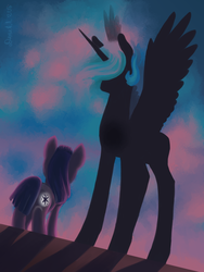 Size: 768x1024 | Tagged: safe, artist:dany-the-hell-fox, princess celestia, twilight sparkle, alicorn, pony, unicorn, g4, duo, female, filly, silhouette, younger