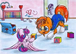 Size: 1024x735 | Tagged: safe, artist:rainbowshine94, princess flurry heart, starlight glimmer, sunburst, alicorn, pony, unicorn, g4, baby, crib, cute, diaper, flurrybetes, sunbetes, traditional art, uncle sunburst, watermark