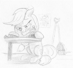 Size: 717x671 | Tagged: safe, artist:t72b, derpibooru exclusive, applejack, g4, alcohol, depressed, drinking, female, hat, hatless, missing accessory, monochrome, newbie artist training grounds, solo, traditional art, whiskey