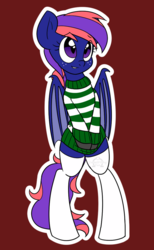 Size: 699x1135 | Tagged: safe, artist:dativyrose, oc, oc only, oc:shy knight, bat pony, pony, bipedal, clothes, cute, simple background, socks, solo, stockings, sweater