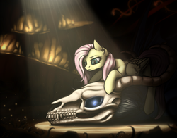 Size: 1436x1125 | Tagged: safe, artist:dipfanken, fluttershy, dragon, g4, crepuscular rays, female, looking down, skull, solo, spotlight, wavy mouth