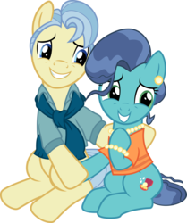 Size: 11997x14373 | Tagged: dead source, safe, artist:pink1ejack, mr. paleo, mrs. paleo, earth pony, pony, g4, the fault in our cutie marks, absurd resolution, clothes, duo, female, jewelry, male, mare, married couple, necklace, pearl necklace, scarf, simple background, sitting, smiling, stallion, transparent background, vector