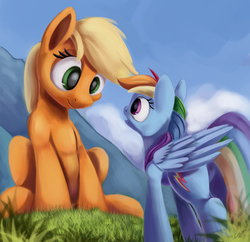 Size: 1606x1555 | Tagged: safe, artist:insanerobocat, applejack, rainbow dash, earth pony, pegasus, pony, g4, looking up, macro, never doubt ncmares's involvement, sitting, smiling