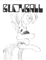 Size: 5100x6600 | Tagged: safe, artist:algernon97, rainbow dash, buckball season, g4, absurd resolution, bottomless, buckball, clothes, female, monochrome, movie poster, partial nudity, rollerball, solo, traditional art