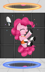 Size: 1024x1621 | Tagged: safe, artist:wavecipher, pinkie pie, earth pony, pony, g4, clothes, crossover, cute, diapinkes, eyes closed, falling, female, long fall horseshoe, portal, portal (valve), portal gun, smiling, solo