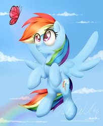 Size: 1024x1256 | Tagged: safe, artist:wavecipher, rainbow dash, butterfly, pegasus, pony, g4, female, rainbow, sky background, solo