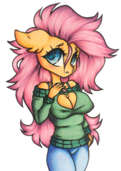 Size: 1017x1439 | Tagged: safe, artist:sexualised, fluttershy, anthro, g4, blushing, breasts, busty fluttershy, clothes, female, floppy ears, jeans, off shoulder, pants, simple background, solo, sweater, sweatershy, traditional art, transparent background