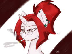 Size: 2732x2048 | Tagged: safe, artist:rhk, oc, oc only, oc:redkyo, pony, unicorn, cigarette, glare, glasses, high res, piercing, sketch, smoking