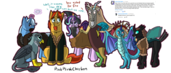 Size: 2799x1200 | Tagged: safe, artist:pinkplushchicken, discord, gabby, princess ember, starlight glimmer, sunburst, thorax, trixie, dragon, griffon, pony, unicorn, g4, to where and back again, dialogue, female, mare, simple background, white background