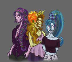 Size: 1716x1478 | Tagged: safe, alternate version, artist:madness-with-reason, adagio dazzle, aria blaze, sonata dusk, equestria girls, g4, alternate hairstyle, aria-blazin-it, clothes, flower, flower in hair, open clothes, open shirt, the dazzlings