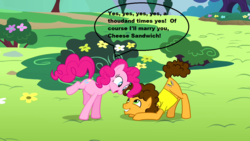 Size: 1280x720 | Tagged: safe, edit, edited screencap, screencap, cheese sandwich, pinkie pie, g4, pinkie pride, engagement, male, ship:cheesepie, shipping, straight