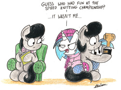 Size: 1952x1448 | Tagged: safe, artist:bobthedalek, dj pon-3, octavia melody, vinyl scratch, oc, oc:mixed melody, oc:octavia's mother, earth pony, pony, unicorn, g4, boots, carrying, clothes, hat, scarf, sweater, traditional art, trophy, unamused, vinyl scratch is not amused