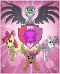 Size: 4783x5906 | Tagged: safe, artist:skybluearts, apple bloom, gabby, scootaloo, sweetie belle, griffon, g4, the fault in our cutie marks, absurd resolution, cutie mark, cutie mark crusaders, the cmc's cutie marks