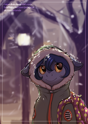 Size: 1200x1697 | Tagged: safe, artist:risterdus, oc, oc only, oc:raven(lengthen), big ears, bust, clothes, floppy ears, golden eyes, portrait, snow