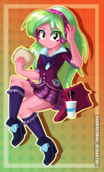 Size: 1697x2800 | Tagged: safe, artist:danmakuman, lemon zest, human, equestria girls, g4, clothes, crystal prep academy, crystal prep academy uniform, crystal prep shadowbolts, cup, cute, drink, female, food, headphones, high heels, looking at you, miniskirt, pleated skirt, sandwich, school uniform, shoes, skirt, smiling, snack, solo, straw