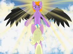 Size: 2500x1865 | Tagged: safe, artist:starrypallet, oc, oc only, oc:puppysmiles, oc:rainy days, earth pony, pegasus, pony, fallout equestria, fallout equestria: pink eyes, crepuscular rays, feels, heaven, sky