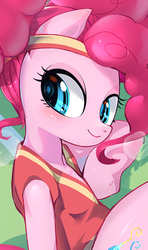 Size: 412x694 | Tagged: safe, artist:chigusa, pinkie pie, earth pony, pony, buckball season, g4, clothes, cropcon, cute, explicit source, female, looking at you, pinktails pie, solo