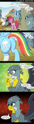 Size: 650x2329 | Tagged: safe, artist:deusexequus, gabby, gilda, pinkie pie, rainbow dash, earth pony, griffon, pegasus, pony, g4, the fault in our cutie marks, bait and switch, butt, comic, dialogue, eyes on the prize, female, implied lesbian, looking at butt, looking at each other, mare, plot, rainbutt dash, smiling, speech bubble, spread wings, the ass was fat, wingboner, wings