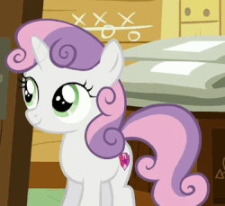 Size: 375x344 | Tagged: safe, screencap, sweetie belle, pony, g4, the fault in our cutie marks, animated, cropped, cutie mark, female, gif, lidded eyes, reaction image, smiling, smug, smug belle, solo, the cmc's cutie marks