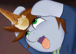 Size: 559x397 | Tagged: safe, artist:neighday, edit, oc, oc only, oc:littlepip, pony, unicorn, fallout equestria, clothes, dropped ice cream, explicit source, fanfic, fanfic art, female, food, gradient background, hooves, ice cream, ice cream cone, ice cream horn, jumpsuit, mare, open mouth, solo, teeth, tongue out, vault suit
