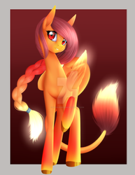Size: 1024x1325 | Tagged: safe, artist:noodlefreak88, oc, oc only, fire pony, hybrid, eye contact, glowing hair, glowing wings, multicolored hair, red eyes, solo, watermark