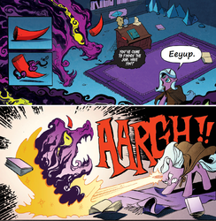 Size: 1288x1318 | Tagged: safe, edit, idw, king sombra, radiant hope, pony, umbrum, unicorn, g4, siege of the crystal empire, spoiler:comic, spoiler:comic34, book, broken horn, comic, dialogue, disembodied horn, eeyup, female, floating horn, good end, horn, mare, severed horn