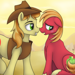 Size: 1768x1768 | Tagged: safe, artist:conscious-aberration, big macintosh, braeburn, earth pony, pony, g4, boop, duo, male, noseboop, stallion, staring contest