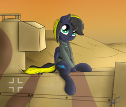 Size: 2000x1700 | Tagged: safe, artist:fluttair, oc, oc only, oc:thunderbolt, pony, clothes, solo, tank (vehicle), uniform