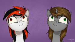 Size: 1920x1080 | Tagged: safe, artist:setharu, oc, oc only, oc:blackjack, oc:littlepip, pony, unicorn, fallout equestria, bust, duo, exploitable meme, female, i didn't listen, image macro, mare, meme, portrait, signature, smiling