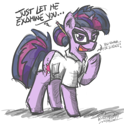 Size: 2380x2382 | Tagged: safe, artist:flutterthrash, sci-twi, twilight sparkle, pony, unicorn, equestria girls, g4, clothes, dialogue, equestria girls ponified, female, for science, glasses, high res, hooves, horn, lab coat, mare, newbie artist training grounds, open mouth, ponified, raised hoof, scientist, simple background, solo, unicorn sci-twi, white background