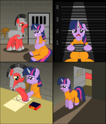 Size: 1714x2000 | Tagged: safe, artist:spellboundcanvas, twilight sparkle, g4, about to cry, clothes, dressing, guard, hoofprints, horn, horn cap, jail, jumpsuit, magic suppression, mugshot, prison, prison outfit, prisoner ts, sad, story included